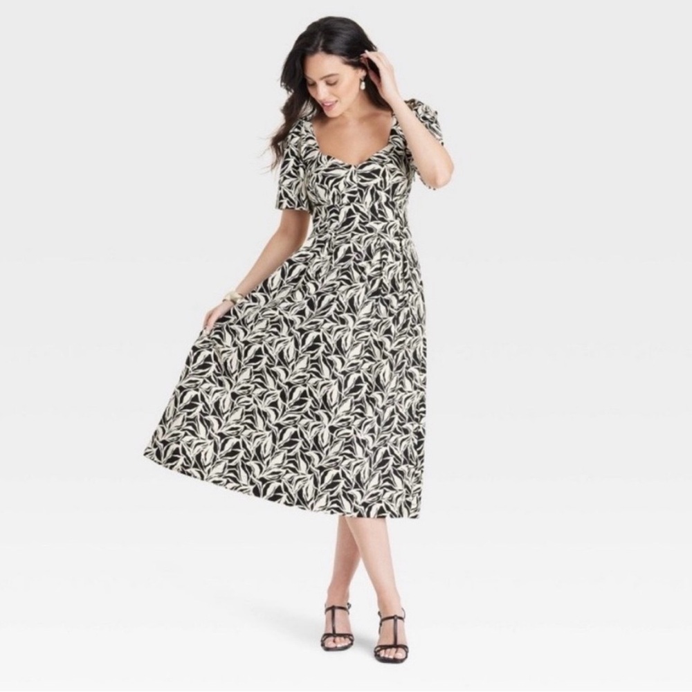 a new day Black and White Leaf-Print Midi Dress with Scoop Neck